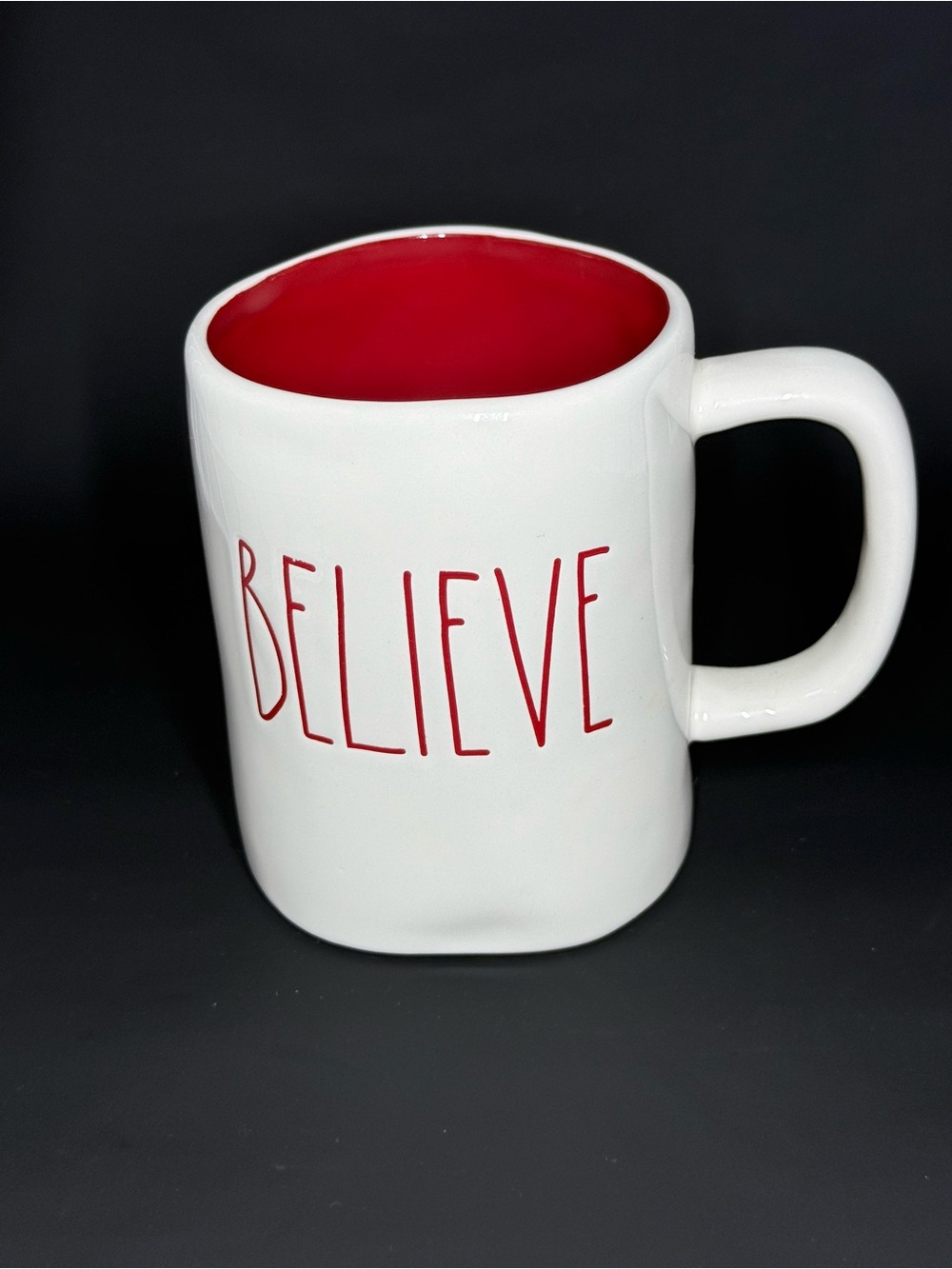 Rae Dunn Believe Ceramic Coffee Mug - White with Red Interior